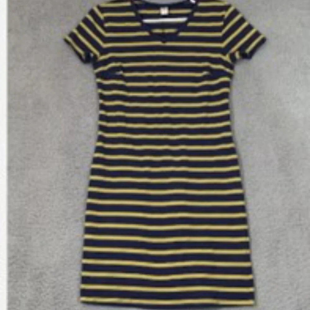 Old Navy Women Dress Bodycon V Neck Knit Blue Yellow Striped Short Sleeve Size L